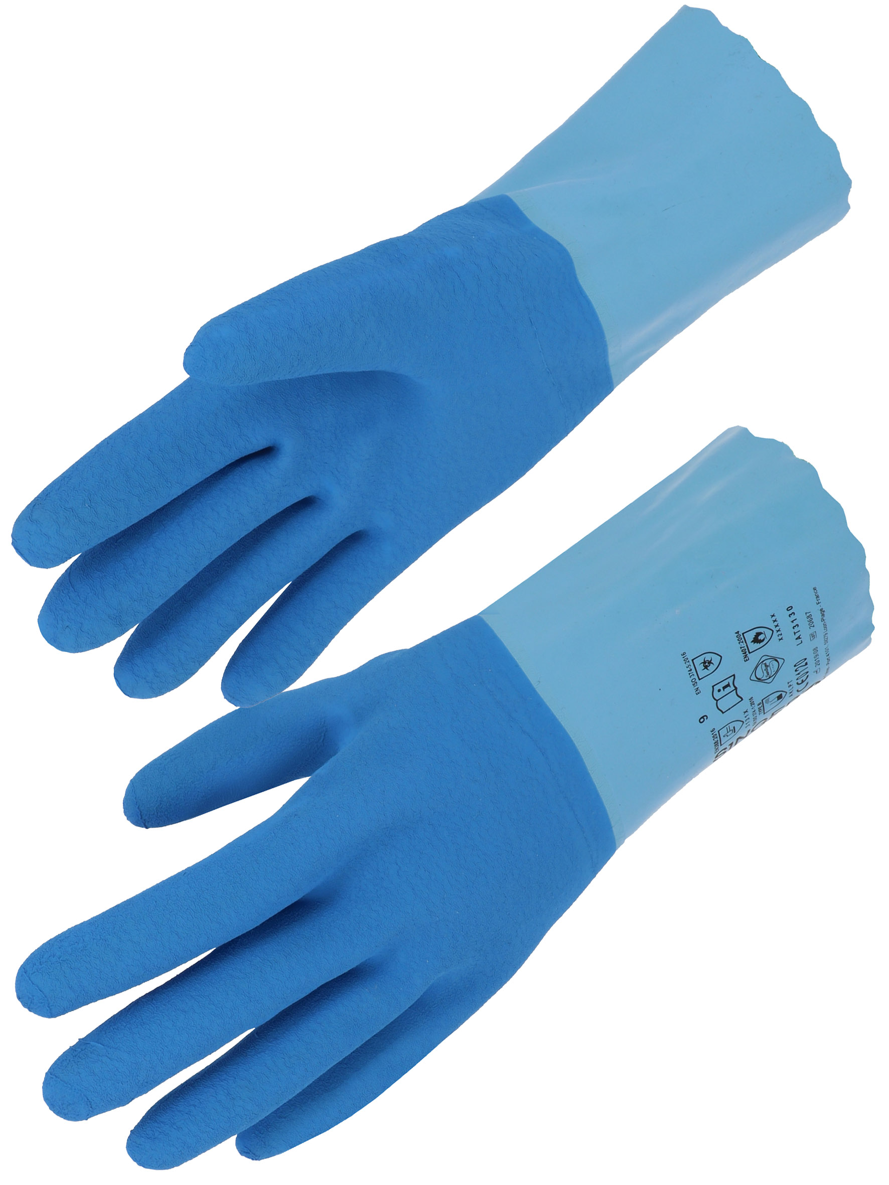 Handschuhe Latex 30cm Chemikalienschutz - voll beschichtet auf Baumwolle korn/blau
